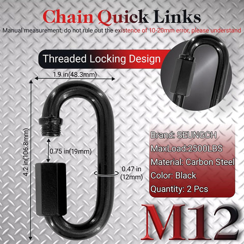 Heavy Duty Chain Quick Links Set With Two Half Inch Carabiners, 2500 Lbs Capacity, Anti Rust Black Carbon Steel Connectors For Hammock Hanging.