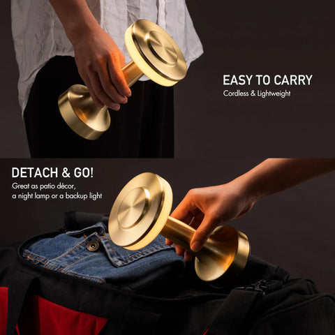 Portable Dope LED Table Lamp With Touch Sensor shown in gold, easy to carry and compact for travel, fitting into a bag