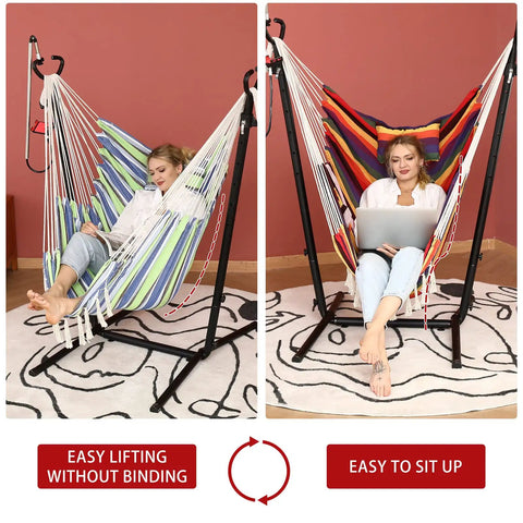 Bohemian Hammock Chair With Stand For Indoor Outdoor Relaxation, Double Swing Chair With Tassels And Floor Mat, supports 400 lb.