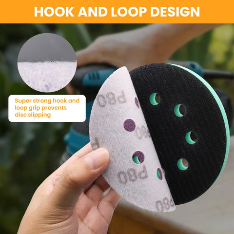 Hand holding foam pad showcasing hook and loop design from 5 Inch Sander Foam Pad Set With 4 Pads And 5 Inch Ceramic Sanding Discs 80 To 1000 Grit 40 Pieces.