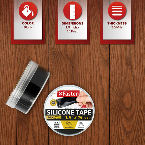Self-Fusing Silicone Tape Pro Black 1.5 Inch By 15 Feet No Glue Required Weatherproof Sealing Tape packaging on wood surface