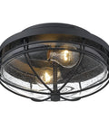 Seaport Outdoor Flush Mount Light Fixture In Natural Black UV Coated Finish Durable Steel With Protective Metal Cage And Glass Shade