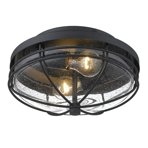 Seaport Outdoor Flush Mount Light Fixture In Natural Black UV Coated Finish Durable Steel With Protective Metal Cage And Glass Shade