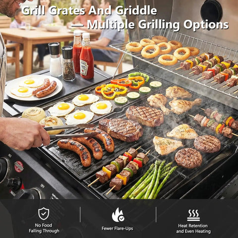 Cooking breakfast foods on grill with porcelain cast iron grill grates and griddle plate replacement for Char Griller grills.