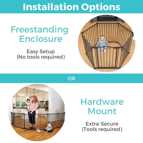 Installation options for Two Panel Extension for 3 In 1 Arched Metal Superyard 48 Inch Play Yard Extension Expands From 6 Up To 8 Panels 10 To 19 Sq Ft Kid Friendly No Fuss Matte Bronze Finish Compatible With Metal Superyard Playpens with freestanding enclosure and hardware mount options