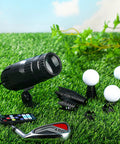 Indoor Golf Spot Light For Simulators And Practice, Adjustable Pin Spotlight With Mirror Ball Effect, Includes 20 Plastic Tees 10 Of Each Style, Perfect For Indoor Ball Training, Home Golf Setup And DJ Disco Party Lights on artificial grass with golf balls and club
