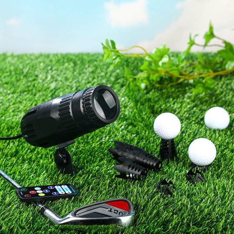 Indoor Golf Spot Light For Simulators And Practice, Adjustable Pin Spotlight With Mirror Ball Effect, Includes 20 Plastic Tees 10 Of Each Style, Perfect For Indoor Ball Training, Home Golf Setup And DJ Disco Party Lights on artificial grass with golf balls and club