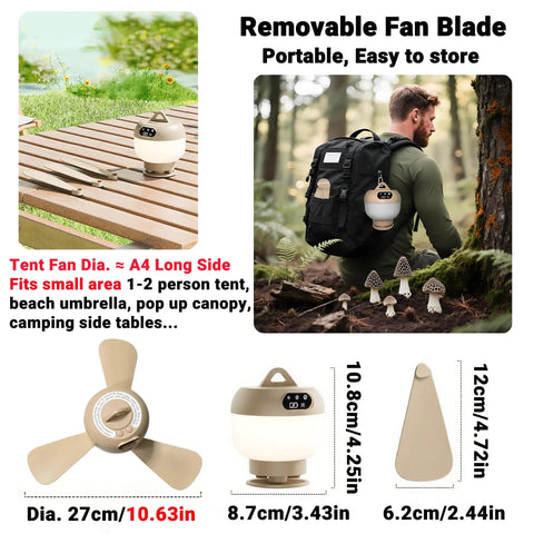 Portable Camping Fan With Light And Remote For Tents And Outdoors shown with dimensions and removable blades