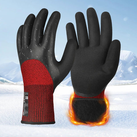 6 Pairs Winter Work Gloves With Three Quarter Double Dipped Coating Thermal Insulated For Cold Weather With Superior Grip And Abrasion Resistance ANSI A2 Cut Resistant Warm Gloves For Snow Large showing red and black gloves with flame effect in snowy background