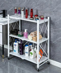 Heavy Duty Four Tier White Collapsible Metal Wire Shelving Rack That Folds Flat And Serves As A Total Game Changer For Organizing Bathroom Items.