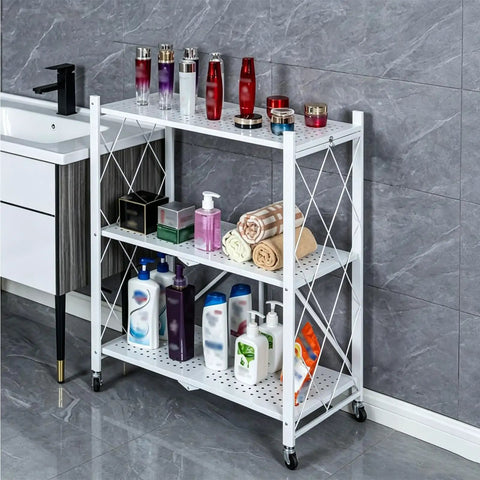Heavy Duty Four Tier White Collapsible Metal Wire Shelving Rack That Folds Flat And Serves As A Total Game Changer For Organizing Bathroom Items.