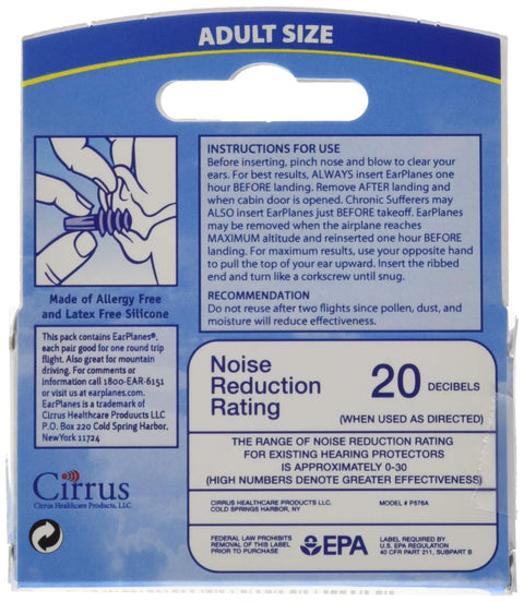 Back view of Flight Ear Plugs With CeramX Filter instructions and noise reduction rating, suitable for air pressure relief and noise reduction.