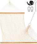 Two Person 12 Ft Double Rope Hammock With Spreader Bar Hand Woven Cotton Outdoor Patio Hammock For Poolside Lounging Fits 13 To 15 Ft Stand Supports Up To 450 Lbs Natural Color 141 X 57 Inches, viewed with additional installation hardware