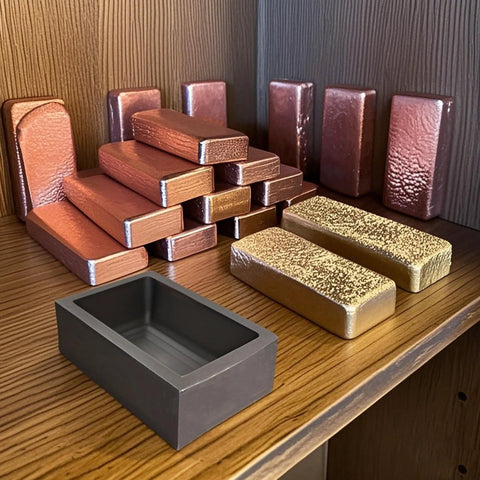Front view of Nelyrho 4-piece graphite ingot mold set on a wood shelf with copper and gold ingots.