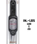Quarter Inch Drive Ratcheting T Handle Torque Wrench with 20 to 100 Inch Pound Range for TPMS Valves and Bike Repair scale close-up