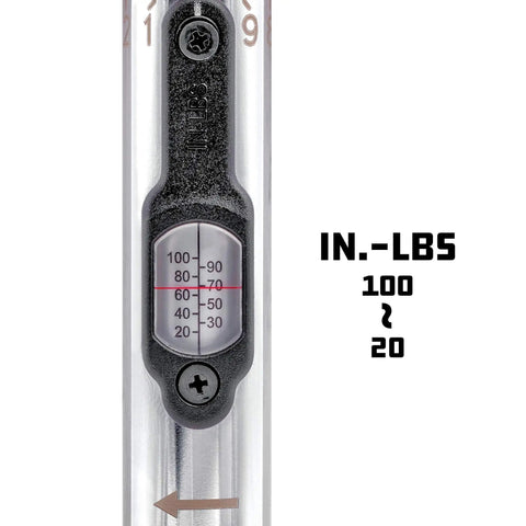 Quarter Inch Drive Ratcheting T Handle Torque Wrench with 20 to 100 Inch Pound Range for TPMS Valves and Bike Repair scale close-up