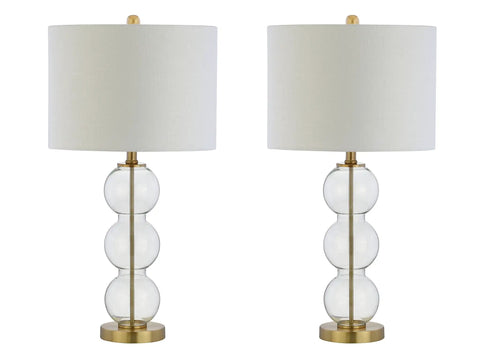 Clear Glass Triple-Sphere Table Lamps Set Of 2 With Brass Accents And White Linen Shade 27-Inch Tall Modern Bedside Lamps For Living Room Bedroom Or Office LED Bulbs Included