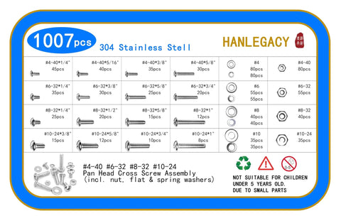 Detailed list of contents from Beefy 304 Stainless Steel Machine Screw Kit 1007 Pcs with nuts and washers for various repairs