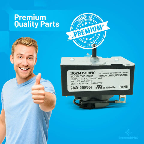 OEM Dryer Timer Replacement Fits WE04X25280 WE04M362 WE04M0532 with man showing thumbs up, blue background