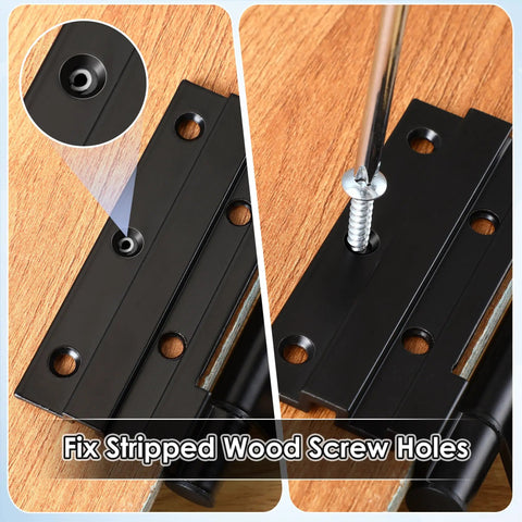 Close-up of 15 Piece Wood Anchor Repair Kit for stripped screw holes in wood doors and furniture, fixing hinge holes.