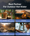 Hunting cabin, camping tent, RV travel, and man in vehicle; promoting Go To Portable Propane Water Heater For Camping With On Demand Outdoor Hot Shower