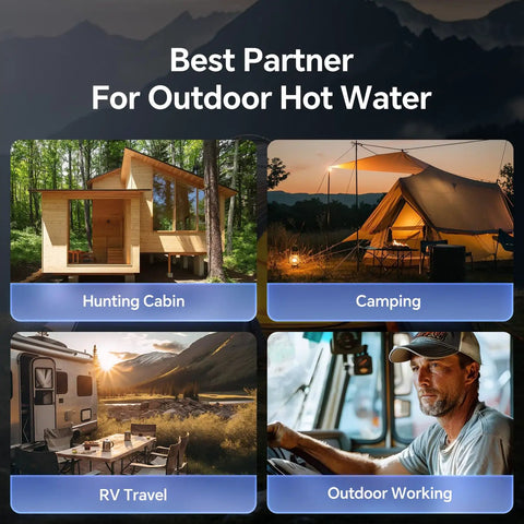 Hunting cabin, camping tent, RV travel, and man in vehicle; promoting Go To Portable Propane Water Heater For Camping With On Demand Outdoor Hot Shower
