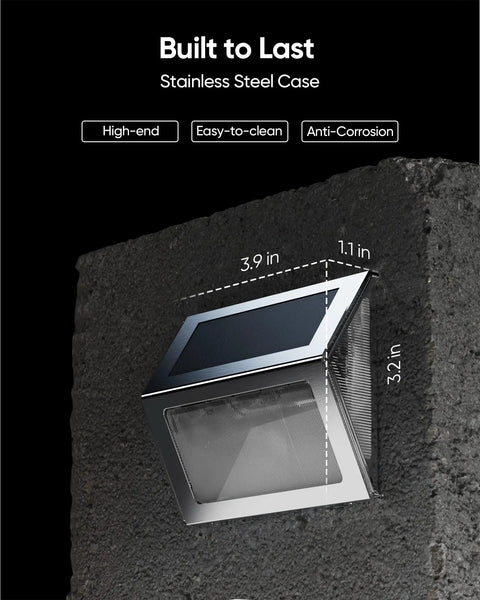Lit 7 LED Solar Step Lights With 3 Sided Lenses Waterproof Stainless Steel Outdoor Lighting installed on wall