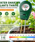 3 In 1 Soil Tester Moisture Fertility And PH Meter For Home Garden Lawn Farm Potted Plants Indoor Outdoor Use No Battery Needed Helps You Water On Time Fertilize Correctly And Balance Soil For Healthier Growth Gift For Plant Lovers. Green dual-probe soil meter in potted plant, moisture scale