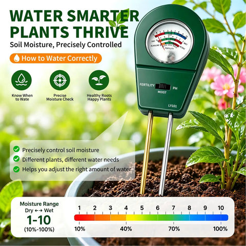 3 In 1 Soil Tester Moisture Fertility And PH Meter For Home Garden Lawn Farm Potted Plants Indoor Outdoor Use No Battery Needed Helps You Water On Time Fertilize Correctly And Balance Soil For Healthier Growth Gift For Plant Lovers. Green dual-probe soil meter in potted plant, moisture scale