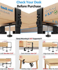 Installation guide for No Drill Under Desk Cable Management Tray With Clamp For Standing Desk, showing desk compatibility and restrictions.