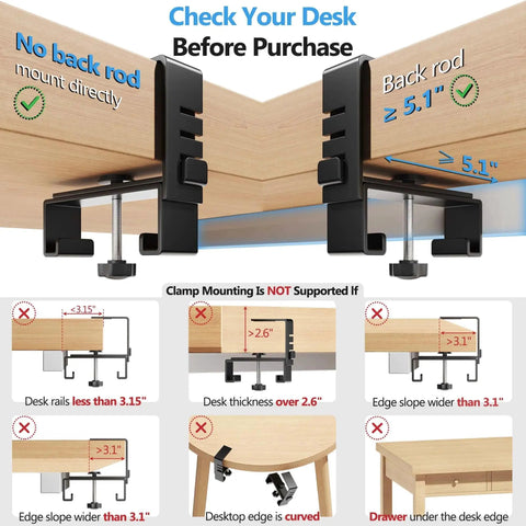 Installation guide for No Drill Under Desk Cable Management Tray With Clamp For Standing Desk, showing desk compatibility and restrictions.