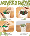 Steps of using 17 Pack Seed Planter Tool Hand Seeder Mini Sowing Seed Dispenser Sower Seedling Dibber Widger Seed Spreader For Planting Veggies And Flowers Garden Easy To Use shown in images of transplanting a cactus in a white pot.