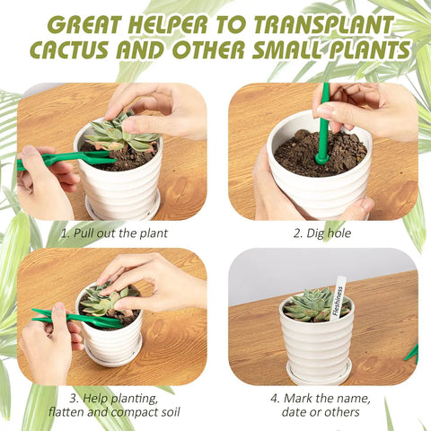 Steps of using 17 Pack Seed Planter Tool Hand Seeder Mini Sowing Seed Dispenser Sower Seedling Dibber Widger Seed Spreader For Planting Veggies And Flowers Garden Easy To Use shown in images of transplanting a cactus in a white pot.