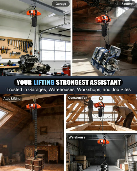 Rock Solid Electric Chain Hoist With Killer 2200 Lbs Capacity, 10 Ft Lift, And Smooth 120V Operation Includes 20 Ft Wired Remote Using in Garage, Factory, Warehouse, and Construction.
