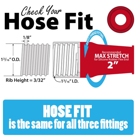 Kickass Universal Silicone Dust Collection Hose Fittings 3 Pack Adaptive Stretch Fit Vacuum Connector schematic showing hose size and fit.