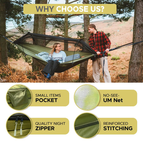 Camping Hammock Tent with mosquito net and two people, portable, 500 pounds capacity, spacious interior with no neck squeeze.