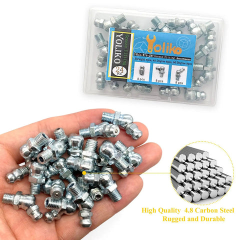 Pro Grade Quarter Inch 28 Thread Grease Fitting Assortment Kit With Straight 45 Degree And 90 Degree Zerk Fittings, Galvanized Steel