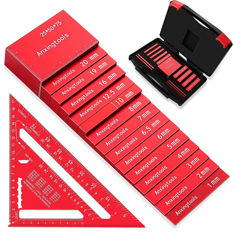 Pro Grade Precision Aluminum Setup Blocks Height Gauge Set, 15 piece router and table saw alignment blocks and triangle ruler