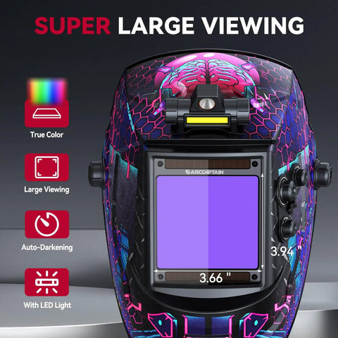 Auto Darkening Welding Helmet With LED Light Solar Powered True Color Lens Top Optical Clarity Four Arc Sensors front view
