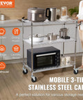 Heavy-Duty 3-Tier Kitchen Utility Cart On Wheels With 661 Lbs Capacity, featuring steel wire shelves with kitchen appliances.