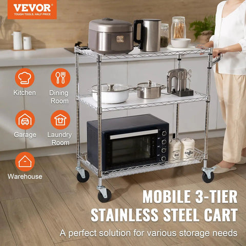 Heavy-Duty 3-Tier Kitchen Utility Cart On Wheels With 661 Lbs Capacity, featuring steel wire shelves with kitchen appliances.