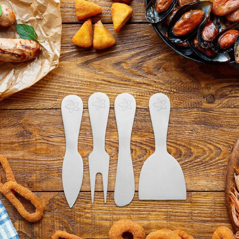 Five Piece Stainless Steel Cheese Tools Set With Knives And Butter Forks on wooden table