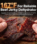 Eight Tray Stainless Steel Food Dehydrator With Digital Timer And Precise Temperature Control Auto Shut Off Ultra Quiet 650W Motor For Homemade Jerky Dried Fruits And Custom Dog Treats Keeps Your Snack Game Legit, showcasing tender beef jerky at 167°F.