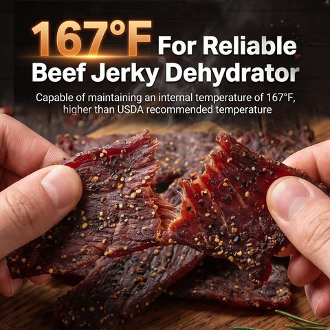 Eight Tray Stainless Steel Food Dehydrator With Digital Timer And Precise Temperature Control Auto Shut Off Ultra Quiet 650W Motor For Homemade Jerky Dried Fruits And Custom Dog Treats Keeps Your Snack Game Legit, showcasing tender beef jerky at 167°F.