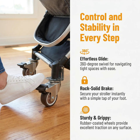 Four Pack Replacement Wheels With Locking Brakes One And A Half Inch TPR Rubber Side Mount Casters 360 Degree Swivel shown on stroller