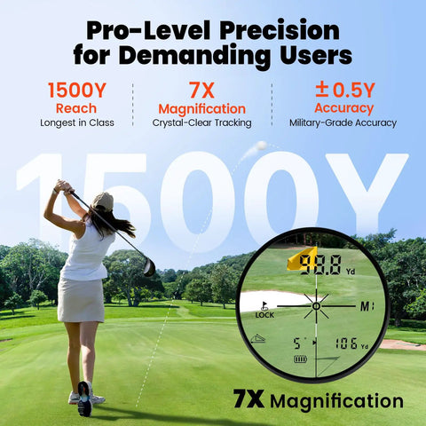 Golfer using Golf Rangefinder With Slope And Red Backlight, 1500-Yard Laser, 0.3s FlagLock Vibration, 7X Magnification on course