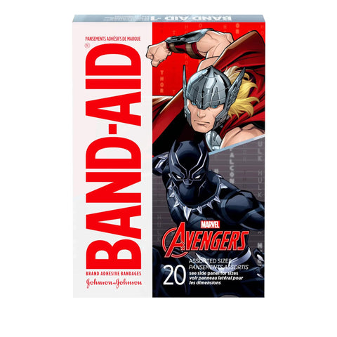 Totally Kid Approved Marvel Themed Bandages For Minor Scrapes And Cuts With Iron Man Hulk Captain America And More Decorative Adhesive Bandages For Daily Wound Care 20 Count Assorted Sizes, featuring Thor and Black Panther on the box.