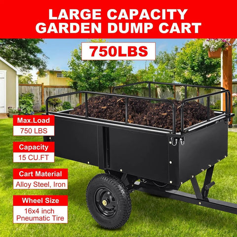 Beefy Heavy Duty Steel Dump Cart With 15 Cubic Feet Capacity, Pull Behind Utility Cart, Removable Sides, Black, loaded with soil.