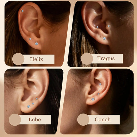 Hypoallergenic Titanium Screw Back Earrings Set Three Pairs VVS1 Sparkling Moissanite Studs showcased on various ear piercings.