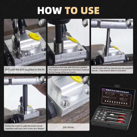 M5 X 0.8 Thread Repair Kit With Stainless Steel Inserts Drill Tap Counterbore And Install Driver in use on metal component